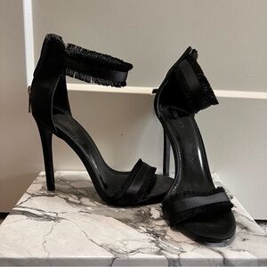 Black Fringe Stiletto Heels with Silver Zipper